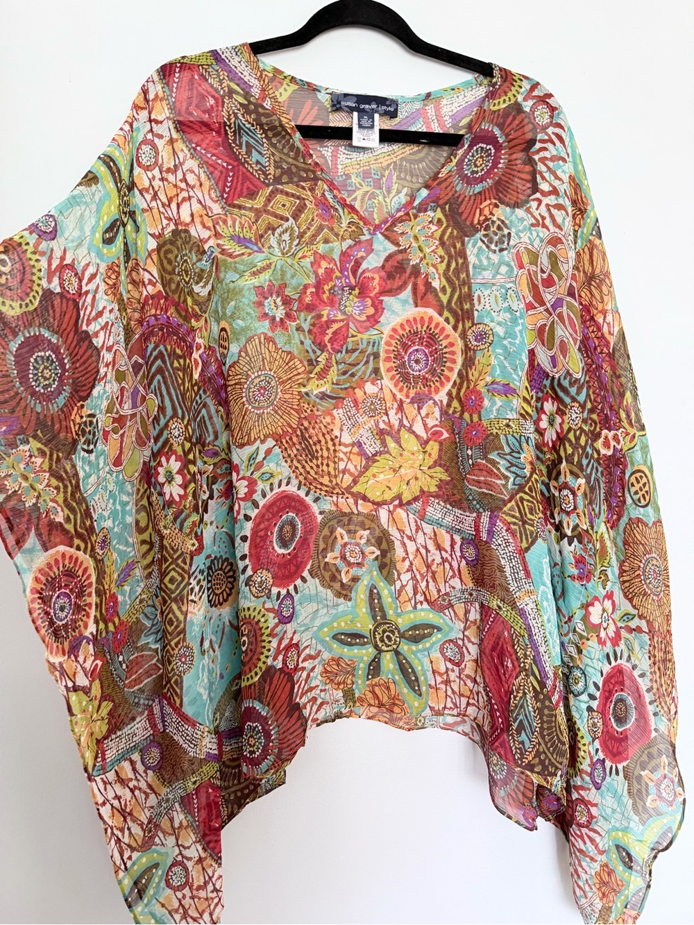 CYNTHIA ROWLEY Multicolor Floral Sheer V-Neck Poncho Top